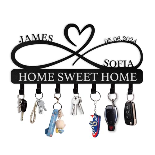 Personalized Metal Key Holder for Wall | Heart Shape Key Holder Wall Mount | Custom Couple's Name Key Rack Coat Rack | Wedding Couple Gifts | Key Holder Wall Hanging for Kitchen Bedroom Hallway - color: 07 Heart