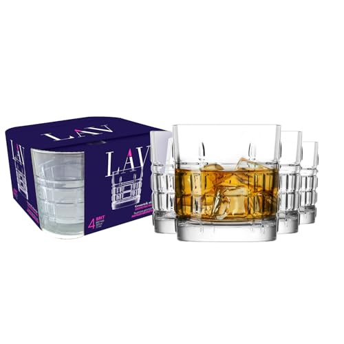 LAV Old Fashioned Whiskey Glass Set with Linear Nuances | Set of 4 x 11 oz | Brit Glasses, Bourbon, Scotch, Cocktails, Liquor | Crystal Whiskey, Bistro, Short Drink, Rock Glass, Bar | Dishwasher Safe - style: Retro