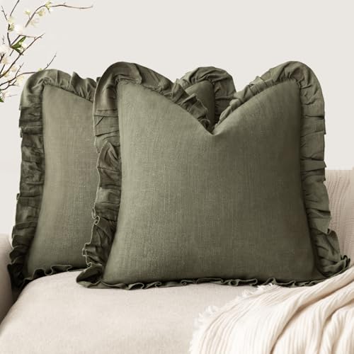 Foindtower Set of 2 Decorative Soild Fringe Ruffle Throw Pillow Covers Soft Boho Farmhouse Cushion Cover Cozy Accent Retro Pillowcase for Couch Sofa Bed Living Room Home Decor,18×18 Inch,Olive Green - color: Olive Green, size: 18" x 18" (Pack of 2)