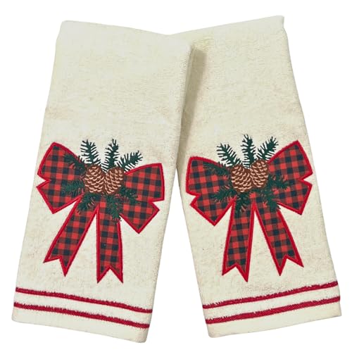 Christmas Bathroom Hand Towels- Set of 2 Beige Ivory 100% Cotton Embroidered Applique and Holiday Bow with Festive Decor and Stitched Hem Design - 16” x 25” Decorative Bath & Kitchen Towels - color: Holiday Bow