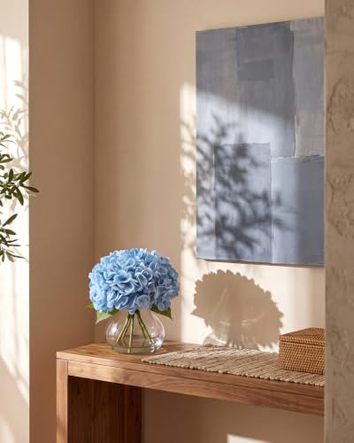Hydrangea Artificial Flowers with Vase, Real Touch Latex, Blue | Lifelike Faux Water, Nearly Natural Leaves, Durable & Fade-Resistant, Home Office Table Centerpiece Decor - color: Blue