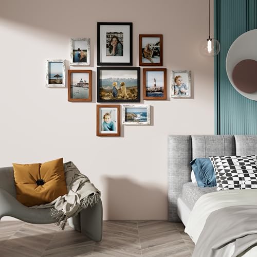 Vittanly 10 Pack Gallery Wall Frame Set, Picture Frames for Wall & Table | Gallery Wall Frame Set: 2pcs 8x10, 4pcs 5x7 & 4pcs 4x6 Photos, made of Engineered Wood, Black, Walnut Brown, Distressed White - color: Black & Walnut Brown & Distressed White