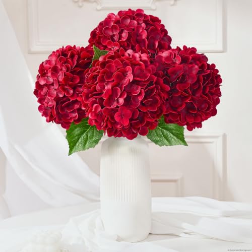 Yastouay 4 Pcs Real Touch Hydrangea Artificial Flowers, Deep Red | Soft Latex Petals, 19.6in Flexible Stems, Full Lifelike Blooms, Washable, For Home Wedding Decor, Floral Arrangements - color: Deep Red