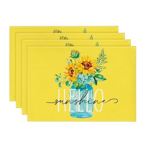 Bloss Hello Sunshine Sunflower Placemat Set of 4, 12" x 18" Autumn Seasonal | Holiday Decoration Place Mat Rustic Vintage Washable Table Mats, Placemats for Dining Table - color: Yellow - Sunflowers, size: 12" x 18" / 4 PCS