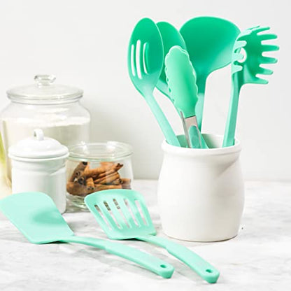 GreenLife Cooking Tools and Utensils, 7 Piece Nylon Set including Spatulas Turner Spoons and Tongs, Dishwasher Safe, Turquoise - color: Turquoise
