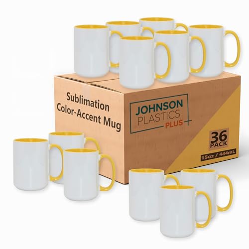 JPPlus 15oz Sublimation Mugs with Colored Handles & Interiors | Tazas para Sublimar, Bulk Mugs for Custom Designs & Branding | White Mugs Set of 12 or Case of 36- Yellow (36) - color: Yellow