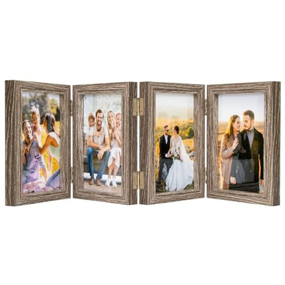 POILKMNI 4x6 In Four Picture Frame 4 Hinged Photo Frame with 4 Openings | Natural Wood Foldable Photo Frame High Definition Acrylic for Mothers Day Father's Day Christmas Gift, Family Picture, Gray - color: Gray, size: 4x6