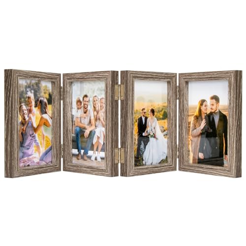 POILKMNI 4x6 In Four Picture Frame 4 Hinged Photo Frame with 4 Openings | Natural Wood Foldable Photo Frame High Definition Acrylic for Mothers Day Father's Day Christmas Gift, Family Picture, Gray - color: Gray, size: 4x6