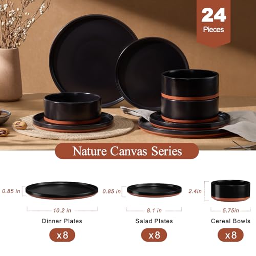 LIANYU 24 Piece Dinnerware Set for 8, Modern Style Stoneware Dinnerware Set | Scratch Resistant, Dishwasher Safe Bowl and Plate Sets, Ceramic Dish Dinner Set, Charcoal Black - color: Charcoal Black