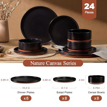 LIANYU 24 Piece Dinnerware Set for 8, Modern Style Stoneware Dinnerware Set | Scratch Resistant, Dishwasher Safe Bowl and Plate Sets, Ceramic Dish Dinner Set, Charcoal Black - color: Charcoal Black