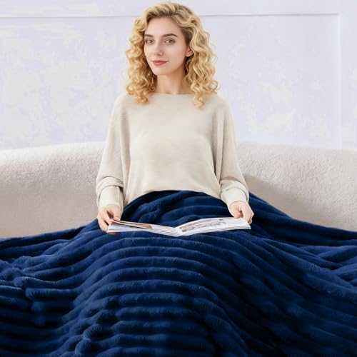 Nookly Navy Twin Size Fleece Blanket, Soft Lightweight Ribbed Plush Bed Blanket, Cozy All-Season Striped Fleece Twin Throw for Bedroom and Home, 60x80 Inches - color: Navy, size: Twin(60"x80")