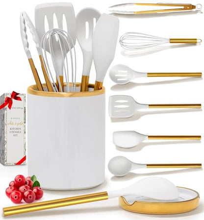 Styled Settings White and Gold Kitchen Utensils with Holder, 8-Piece | Heat Resistant, Nonstick, White Silicone Cooking Utensils Set, Ceramic Utensil Holder & Stackable Gold Spoon Rest - color: 8PC White & Gold