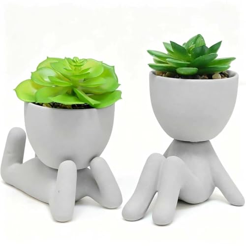 Zerzsy 2 Pack Artificial Plants Succulents with Creative Human Shaped Pots, Office Plant Cute Desk Decor for Women, Fake Succulent Decoration for Home Bathroom Shelf Decor (Grey) - color: Grey