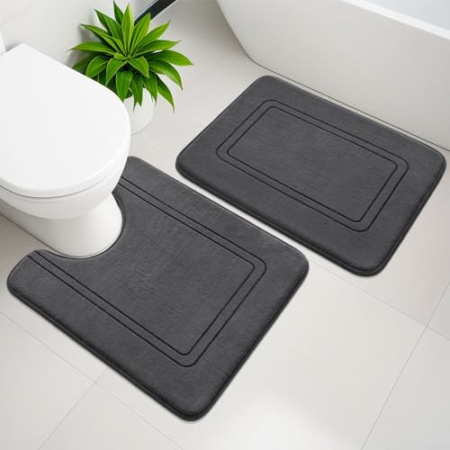 Memory Foam Bath Mat Set, Bathroom Rugs Sets 2 Pieces, Non Slip Bath Mats for Bathroom, Super Soft and Water Absorbent Bath Rug Set, Machine Washable U Shape Toilet Rug,Dark Grey - color: Dark Grey, size: 2pieces