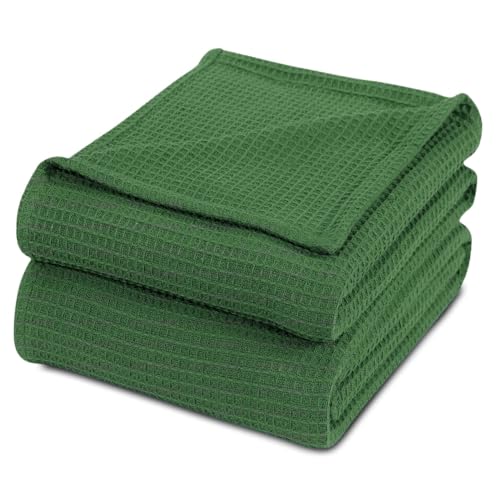 Hand Made Reversible All-Season Lightweight Pretty Textured Waffle Weave Knit 100% Cotton Throw Blanket Twin Size | Solid Hunter Green Color Warm Plush Cozy Soft Feel Boho Throw Blanket