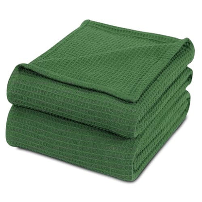 Hand Made Reversible All-Season Lightweight Pretty Textured Waffle Weave Knit 100% Cotton Throw Blanket Twin Size | Solid Hunter Green Color Warm Plush Cozy Soft Feel Boho Throw Blanket