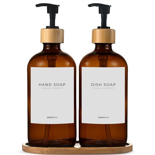 MaisoNovo Glass Dish Soap Dispenser for Kitchen Set of 2-16.9oz Amber Dish and Hand Soap Dispenser Set for Kitchen - Amber Glass Bottles x 2 with Black Bamboo Pumps & Tray - color: Amber Bottles/Black Bamboo Pumps