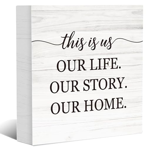 This Is Us Our Life Our Story Our Home Wooden Box Sign Decor, Family Signs for Living Room Entryway, Welcome Plaques for Desk Table Wall, Housewarming Gifts for New Home, 5x5 Inch