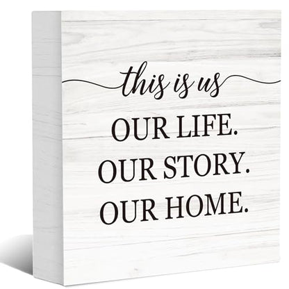 This Is Us Our Life Our Story Our Home Wooden Box Sign Decor, Family Signs for Living Room Entryway, Welcome Plaques for Desk Table Wall, Housewarming Gifts for New Home, 5x5 Inch