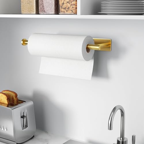 Paper Towel Holder,Self-Adhesive or Drilling， White, 1 Pack | SUS304 Stainless Steel,Kitchen Roll Dispenser Under Cabinet，Wall Mounted Rack - color: Gold