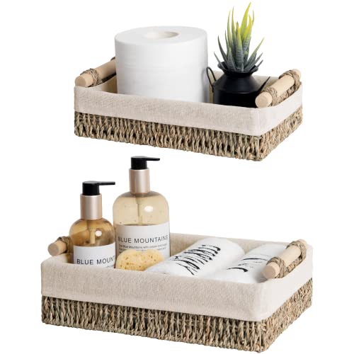 StorageWorks Small Seagrass Baskets for Organizing, Toilet Tank Basket | Wicker Basket for Organizer, Storage Baskets for Shelves with Wooden Handles and Natural Fiber Liner, Countertop Set of 2 - color: Natural (Seagrass), size: 12"L x 7¾"W x 3¼"H + 10¼"