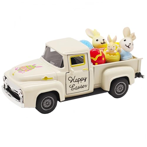 Vintage Farmhouse Metal Truck Decorations Set Spring Summer Fall Winter Farm Pickup Truck Decor for Table Tiered Tray Home Kitchen Office Gifts - color: Easter-white