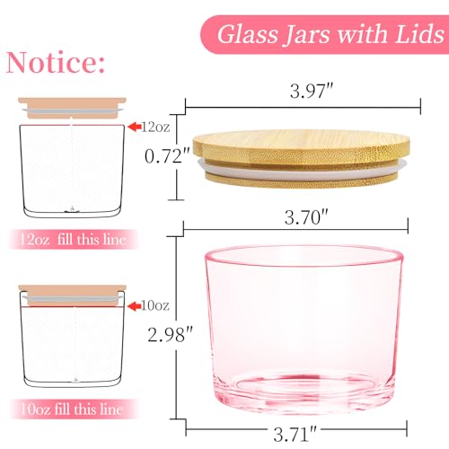 CONNOO 8 Pack 12 OZ Pink Glass Wide Mouth Candle Jars | Airtight Bamboo Lids, Sticky Warning Labels, Empty Container Bulk, Dishwasher Safe - color: Pink