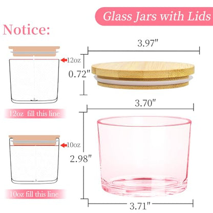 CONNOO 8 Pack 12 OZ Pink Glass Wide Mouth Candle Jars | Airtight Bamboo Lids, Sticky Warning Labels, Empty Container Bulk, Dishwasher Safe - color: Pink
