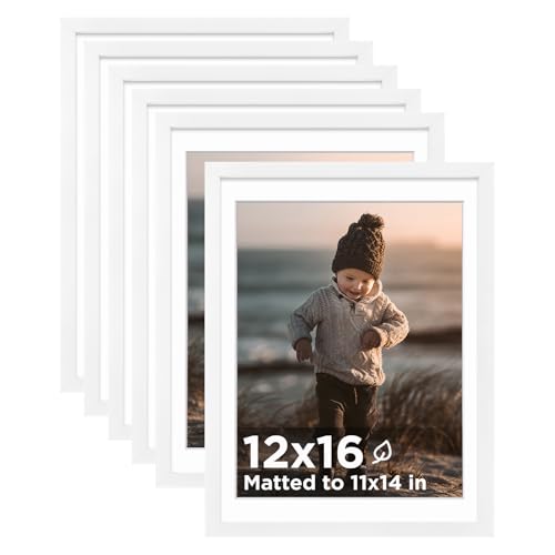 12x16 Picture Frame White Set of 6 Photo Frames Matted 11x14 | 12 x 16 Wooden Picture Frame with Plexiglass Fits 11x14 with Mat or 12x16 without Mat for Table and Wall Display - color: White, size: 12x16