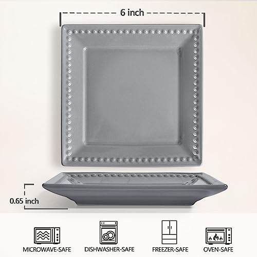 Embossed Appetizer and Dessert Plates, Set of 4, 6 inch Grey Square Dinner Plates for Snack and Restaurant, Dishwasher, Microwave Safe - color: 6 inch-Grey- Dot-4pcs