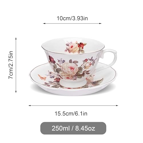 fanquare White Rose Tea Cup and Saucer with Gold Trim, Vintage Bone China Teacup Set with Spoon, 8 oz Coffee Cup for Home Party Gifting | Bone China Tea Cups and Saucers with Gold Trim, Coffee Cup for Home Party Gifting