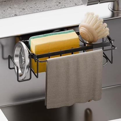 TAILI 4-in-1 Sponge Holder for Kitchen Sink with Strong Suction Cup-Black | Removable Rustproof 304 Stainless Steel Multi-compartment Sponge Holder with Suction Cup, Keeps Brushes & Scrubbers Tidy - color: Black, size: 7.28" x 2.36"