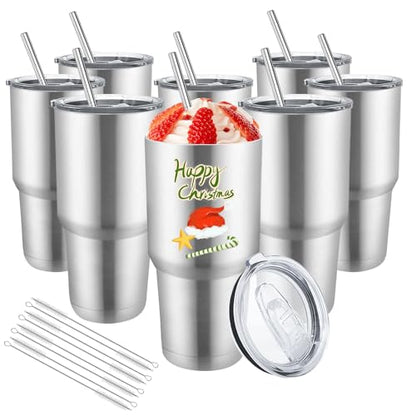 YOUKE OLA 8 Pack Stainless Steel Insulated Tumbler with Lids and Straws Bulk Double Wall Vacuum Insulated Coffee Travel Tumbler for DIY Gift (Silver, 30oz)