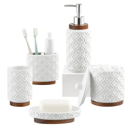RQYIXI Ceramic 5-Piece Bathroom Accessories Set,White,with Cotton Swab Jar | ceramic and wood embossed design modern countertop organization - color: White, size: Embossed Textured-5-Piece