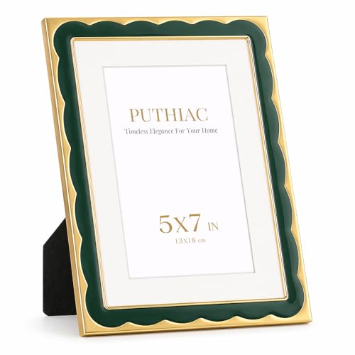 5x7 Scalloped Enamel Picture Frame, Gold Edge, Hidden Jade | Aluminum Alloy Frame, Enamel Inlay, Tempered Glass, 4x6 Mat, Wall or Tabletop Display for Shelves, Portraits, Art Prints - color: Hidden Jade, size: 5x7