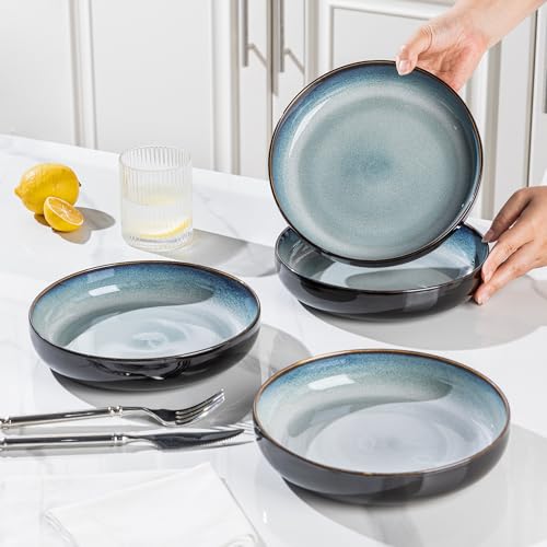 LERATIO 8.5" Ceramic Pasta Bowls Set of 4,38oz Large Stoneware Bowls Set | Reactive Glaze Serving Bowls Set,Wide Bowl for Pasta,Salad,Fruit & Noodles,Housewarming & Wedding Gift-Light Green - color: Blue White, size: Set of 4