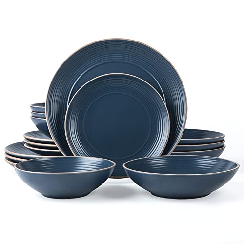 Arora RINGAR Round Stoneware 16pc Double Bowl Dinnerware Set for 4, Dinner Plates, Side Plates, Cereal Bowls, Pasta Bowls - Speckle Matte Blue (420796) - color: Speckle Matte Blue-Cereal/Pasta Bowl, style: Round-Service for 4(16pcs)