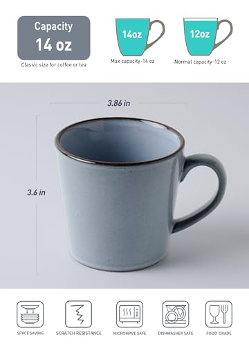famiware Coffee Mug Set of 4, Annecy 14 oz Ceramic Cups Set with Handle | Stoneware Coffee Cup Set, Microwavable and Dishwasherable Stoneware, Drinkware Set for Tea, Latte, Cappuccino, Reactive Blue - color: Reactive Blue, size: Annecy