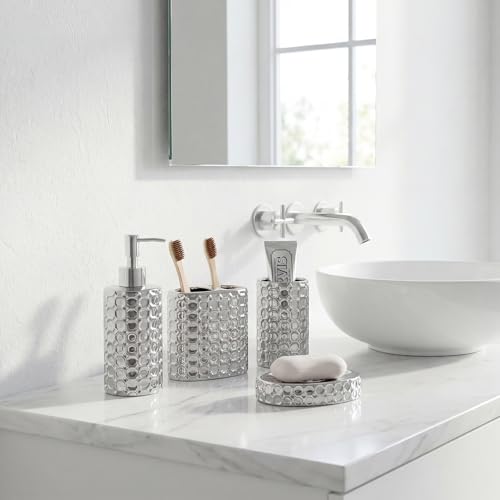 Silver Bathroom Accessories Set, 4 Piece Ceramic Honeycomb Design, Soap Dispenser Pump, Tumbler, Toothbrush Holder, Soap Dish - color: Silver