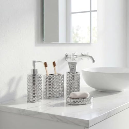 Silver Bathroom Accessories Set, 4 Piece Ceramic Honeycomb Design, Soap Dispenser Pump, Tumbler, Toothbrush Holder, Soap Dish - color: Silver