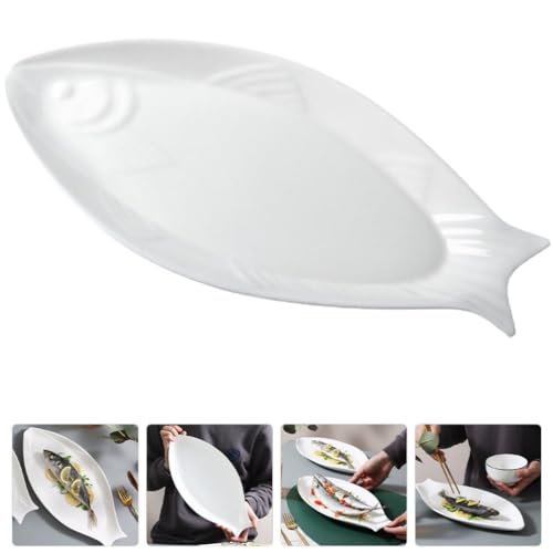 Hemoton Ceramic Fish Platter Oval Fish Plate White Oval Steamed Plate Food Serving Tray for Home Hotel Restaurant Shaped 18inch - size: 45.50X22.00X3.00CM
