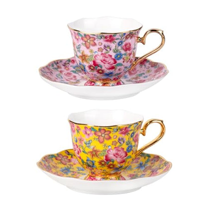 KAMMAK Tea Cup and Saucer, Ceramic Coffee Cups, 6.3 oz, Set of 2 | Porcelain Tea Cups with Saucers for Coffee and Cappuccino, Ideal for Breakfast, Afternoon Tea and Entertaining,645N+646N - style: 645N+646N