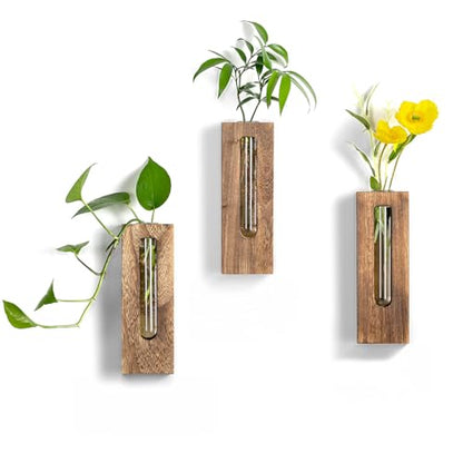 Farmhouse Wall Plant Propagation Station with Glass Tubes | Wall-Mounted Wood Vase with Borosilicate Glass Tube, for Plant Cuttings, Pothos, Herbs and Air Plants, Farmhouse Display - color: Brown