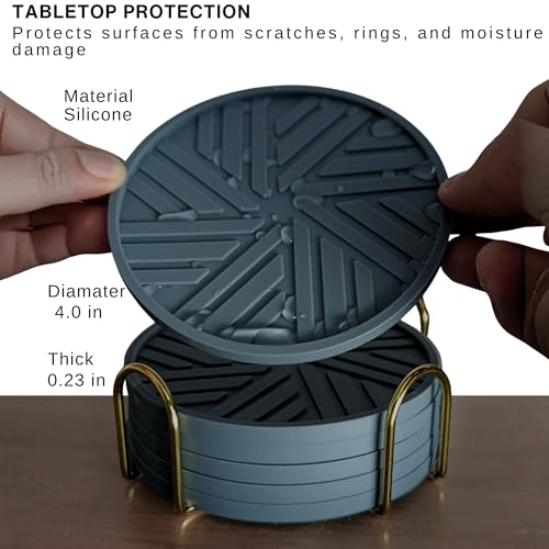Silicone Coasters Set of 6 & Gold Holder with smart Modern Groove Patterns - Blue Gray - color: Dusty Blue