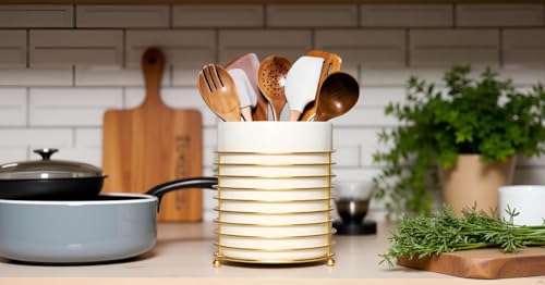 Utensil Holder for Kitchen Counter Large Cooking Utensil Holder,Gold Ring Metal Frame and White Ceramics - color: White Gold, size: XL