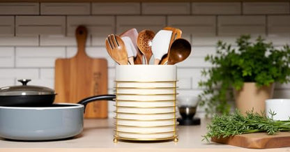 Utensil Holder for Kitchen Counter Large Cooking Utensil Holder,Gold Ring Metal Frame and White Ceramics - color: White Gold, size: XL