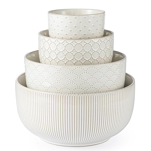Mikiegy Ceramic Mixing Bowls Set of 4, Nesting Ceramic Embossment Stoneware Mixing Bowls for Cooking, Serving, Popcorn, Salad etc, Microwave & Dishwasher Safe, 20/44/98/145 oz, Off-White - size: 20&44&98&145 oz