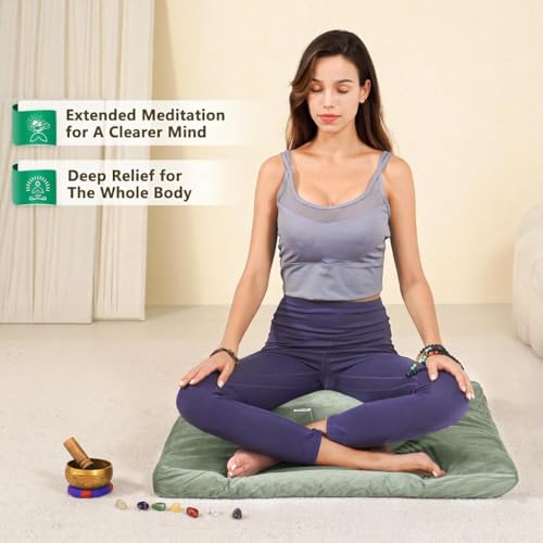 Hihealer Meditation Cushion, Traditional Tibetan Meditation Pillow Velvet Cover - Large Floor Cushion Seating for Adults - Yoga Buckwheat Bolster for Women、Moms - color: Serenity Green(set)