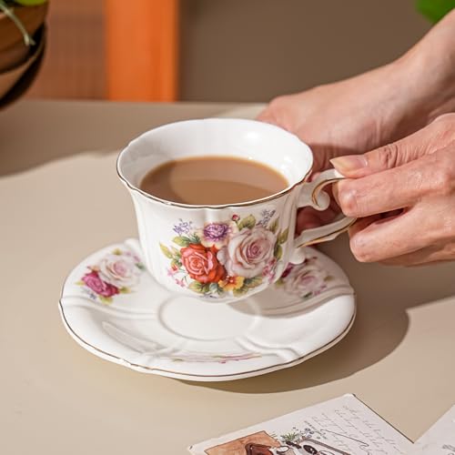 Ceramic Floral Cups with Saucers，7 oz Espresso Cups for Latte Coffee Cafe, Cappuccino and Tea(1, Rose) - color: Rose