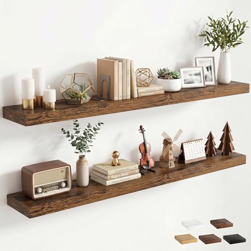 55 inchs Floating Shelves for Wall Mounted Set of 2,Rustic Wood Floating Shelf with Invisible Brackets for Small Bathroom,Bedroom,Living Room,Modern Home Decor -Rustic Brown - color: Rustic Brown, size: 55''W x 7.9''D x 1.5''H,Set of 2-MDF